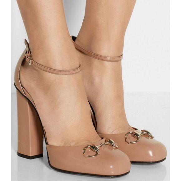 GUCCI Dusty Pink Horsebit Heel Sandal Size 36 Leather Block Ankle Mary Jane - Picture 1 of 13